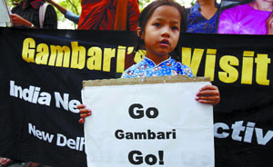 Pro-democracy activists protest against the visit of the UN special envoy to Myanmar Ibrahim Gambari in the Capital on Tuesday.