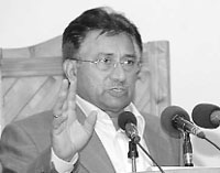 Pakistani President Pervez Musharraf addresses a ceremony in Gilgit on Tuesday during a visit to northern areas of the country.