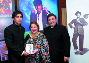 Ranbir, Ritu Nanda and Rishi Kapoor at the release of a book on Raj Kapoor in the Capital on Tuesday.