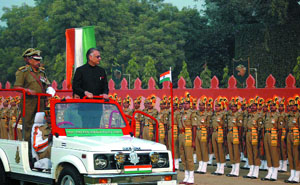Union home minister Shivraj Patil inspects the ITBP Raising Day Parade at Tigri Camp in the Capital on Wednesday.