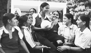 Jubilant volleyball team after their victory in District Girls School Games in Ambala.