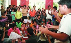 Students shout slogans against vice-principal of Ramjas College in the Capital on Thursday. The vice-principal was caught making advances to a male student of the college.
