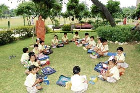 Kindergarten pupils of a school on a picnic at O.P Jindal Park in Yamunanagar