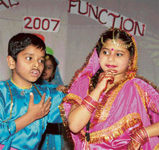 Students of Happy Hour School stage a skit during the annual day function of the school in Dharamsala on Friday.