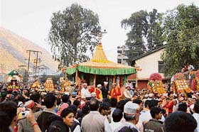 A view of the Raghunathji shobha yatra on the concluding day of the Dussehra festivities in Kullu