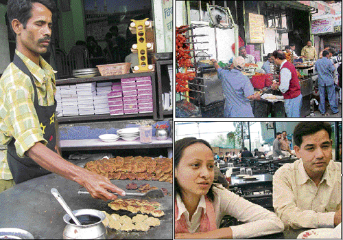 (Clockwise from top right) Street food at Lucknow is hugely popular; Bawarchi Biryani Place, Hyderabad, is a gourmets delight; and galouti being fried at a roadside eatery