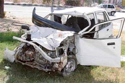 The Maruti car that was damaged in the bus-car collision on Ferozepur Road in Ludhiana on Sunday.