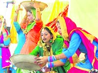 Girls perform a cultural item during the Zonal Punjab University Youth Festival at Narangwal near Ahmedgarh on Sunday.