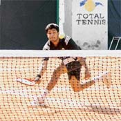 Shubham of Kurukshetra University plays a shot against Vijender Sharma of Maharishi Dayanand University, Rohtak, on the third day of the North Zone Inter-University Lawn Tennis Tournament being held at the PAU Total Tennis Academy in Ludhiana on Sunday.