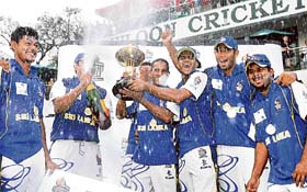 The Sri Lankan team celebrates after beating All Stars in the final of the Hong Kong Cricket Sixes Tournament