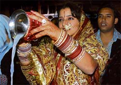 A newly married woman takes part in Karva Chauth puja at Shimlas Scandal Point on Monday