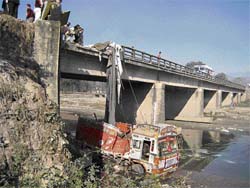 The ill-fated truck which fell into the Suketi khad at Dadour on Tuesday morning. The driver and conductor were injured in the accident.