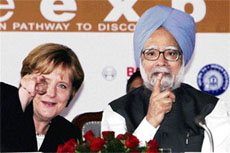 Prime Minister Manmohan Singh and German chancellor Angela Merkel at the inauguration of the Science Express at Safdarjung railway station in New Delhi on Tuesday.