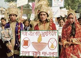 Students dressed up as Ramayana characters participate in an anti-cracker rally at Sector 17 in Chandigarh