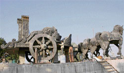A worker busy on the installation of a statue of Arjuns chariot at Brahma Sarovar in Kurukshetra