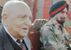 Lt Gen S.K. Sinha, Governor, addresses mediapersons after laying a wreath at the Maj Somnath Sharma War Memorial at Budgam