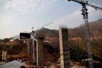 A view of the railway bridge under construction over the Chenab in the northwest area of Jammu. 