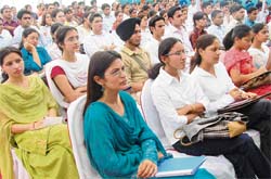 Students participate in a placement meet at Rayat and Bahra Institute on Monday.