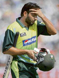 Shahid Afridi reacts as he walks off the field after his dismissal off Sachin Tendulkar during the first one-day match against India.