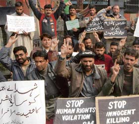 Activists of the Jammu and Kashmir Salvation Movement hold a protest rally in Srinagar