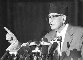 Nepals Prime Minister Girija Prasad Koirala addresses a special session of the parliament in Kathmandu.