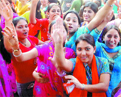KMV students dance away on the eve of Divali at the college campus in Jalandhar on Thursday.