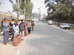 Customers awaiting supply of refills outside the LPG store at Dhanotu in the Sundernagar area is a common sight. Residents allege that LPG refills are diverted to commercial establishments at a hefty premium.