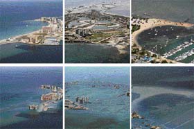 Handout combination pictures of La Manga del Mar in Murcia and a digitally retouched combination (below) of the same view following a rise in sea level