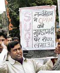 Workers of the SUCI protest against the CPM on the Nandigram issue in Gurgaon on Monday. 