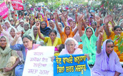Activists of the Pendu Mazdoor Union stage a demonstration at Desh Bhagat Yaadgar Hall in Jalandhar