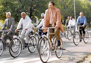 Panjab University VC R.C. Sobti cycles along with senior officials during an environmentally friendly drive on the campus on Tuesday.