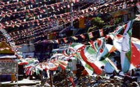 Flags of political parties add colour to the barren mountains.