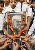 Schoolchildren pay tributes to Pt Jawaharlal Nehru on his 118 birth anniversary in Amritsar on Wednesday.