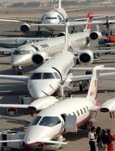 A fleet of business aircraft is exhibited at the 2007 Dubai Air Show in Dubai