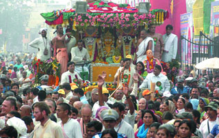 Devotees participate in a Rath Yatra organized by ISKCON in the Capital on Thursday.