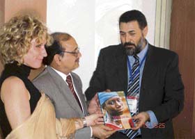 NDRI director Sushil Kumar (centre), Giuseppe Licitra (right) and Stephanie Cabibbo release a book, Women: Invisible Energy of Development, at the NDRI, Karnal