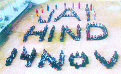 Students of British Olivia School, Rama Mandi, form a Jai Hind 14 Nov logo on Childrens Day in Jalandhar.