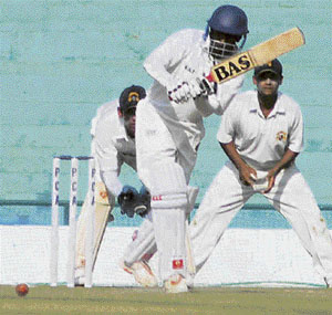 Hyderabads Daniel Manohar plays a shot on the first day of the Elite Group Ranji Trophy match against Punjab at the PCA Stadium in Mohali on Thursday.