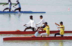 Teams participate in preliminary competitions of the 18th National Kayaking and Canoeing Championship in Gobind Sagar at Bilaspur on Friday.