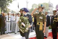 Marshal of the Air Force Arjan Singh lays a wreath on the Rezang La War Memorial in Rewari on Sunday. 