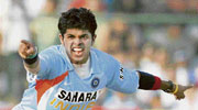 India's S Sreesanth unsuccessfully appeals for a dismissal during their fifth and final one-day international cricket match against Pakistan in Jaipur on Sunday.