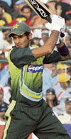 Pakistan's captain Shoaib Malik plays a shot during the final one-day international match against India at the Sawai Mansingh Cricket Stadium in Jaipur on Sunday.