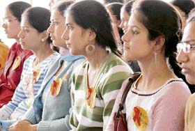 Members of the Red Ribbon Club of GCG-42, Chandigarh, during an inter-college debate on the college premises