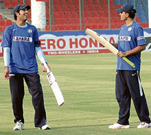 Yuvraj Singh and Sourav Ganguly during a training session at the Feroz Shah Kotla ground in New Delhi on Tuesday. India and Pakistan are schedule to play a three-Test match series, with the first match to be played in Delhi from November 22 to 26.