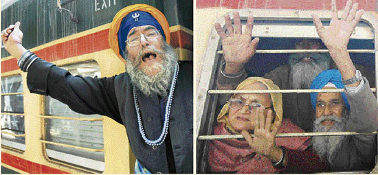 A Sikh on board the Samjhauta Express special train at the Attari railway station on Wednesday; and (right): Devotees wave to their relatives before leaving for Gurdwara Nankana Sahib in Pakistan.