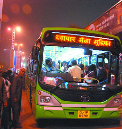 A low-floor bus crawls through the crowded roads of the India International Trade Fair at Pragati Maidan in the Capital on Thursday.