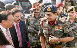 Chief of the Army Staff, Gen Deepak Kapoor with Panjab University Vice-Chancellor, Prof R.C. Sobti (extreme left) on his arrival for a seminar on “Changing Dimensions of Internal Security: Implications for India,” in Chandigarh, on Friday.
