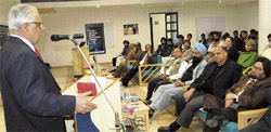 H.K. Dua, Editor-in-Chief, The Tribune, addresses a symposium at Jalvehra village, Fatehgarh Sahib, on Saturday.  Tribune photo by Vicky Gharu