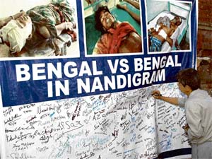 A man puts his signature to oppose the Nandigram violence at Mother Teresa Sarani in Kolkata