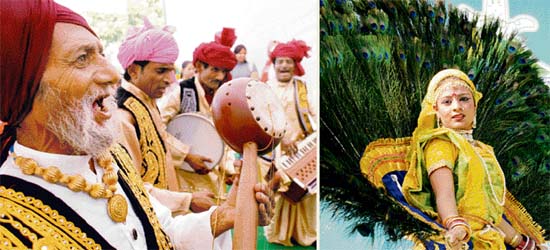 Mundari Lal plays a folk instrument and (right) an artiste from Braj performs Raslila at the Chandigarh Carnival